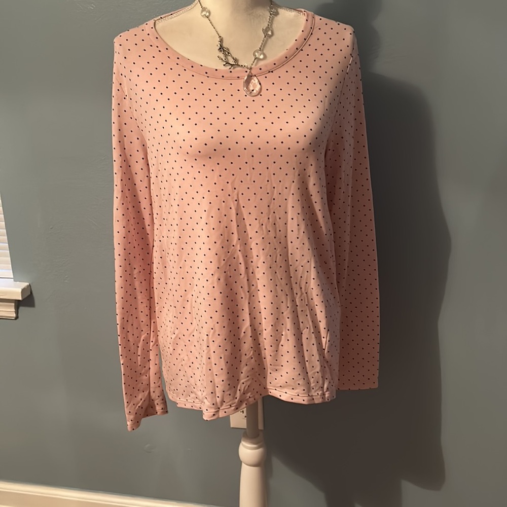 Liz Claiborne pink and black polka dot crew neck long sleeve tee. Feminine/soft.